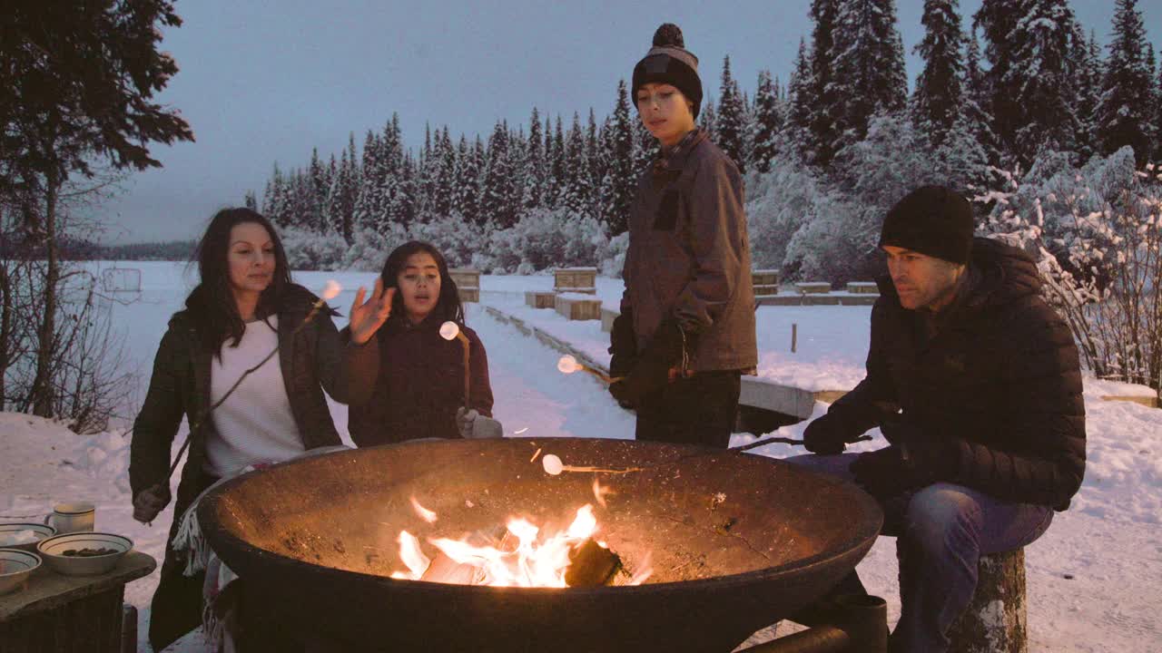 全家围坐在冬天的炉火旁烤棉花糖视频下载