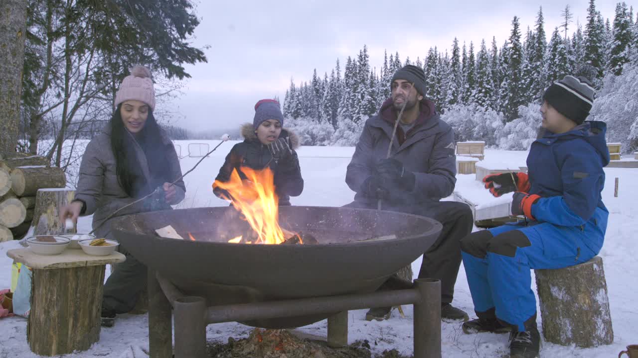 一家人把棉花糖放在树枝上，放在冬天的火上烤视频下载