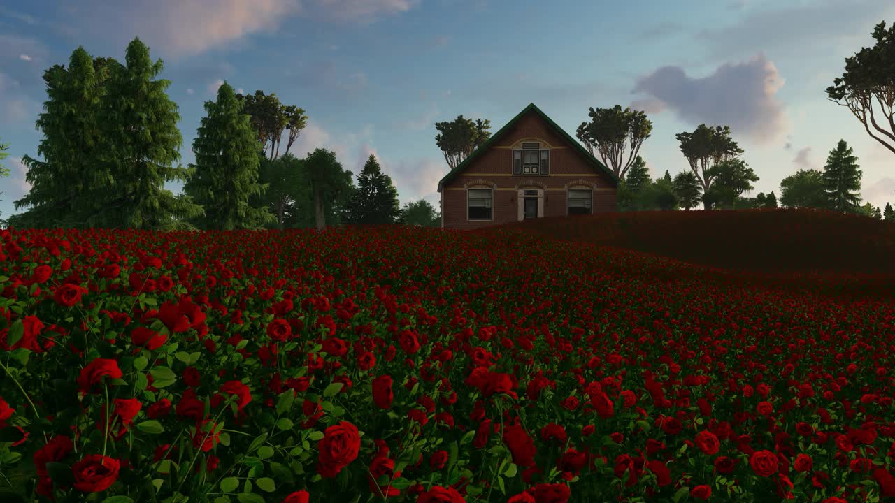 日落时分，屋前有一片红玫瑰田视频下载