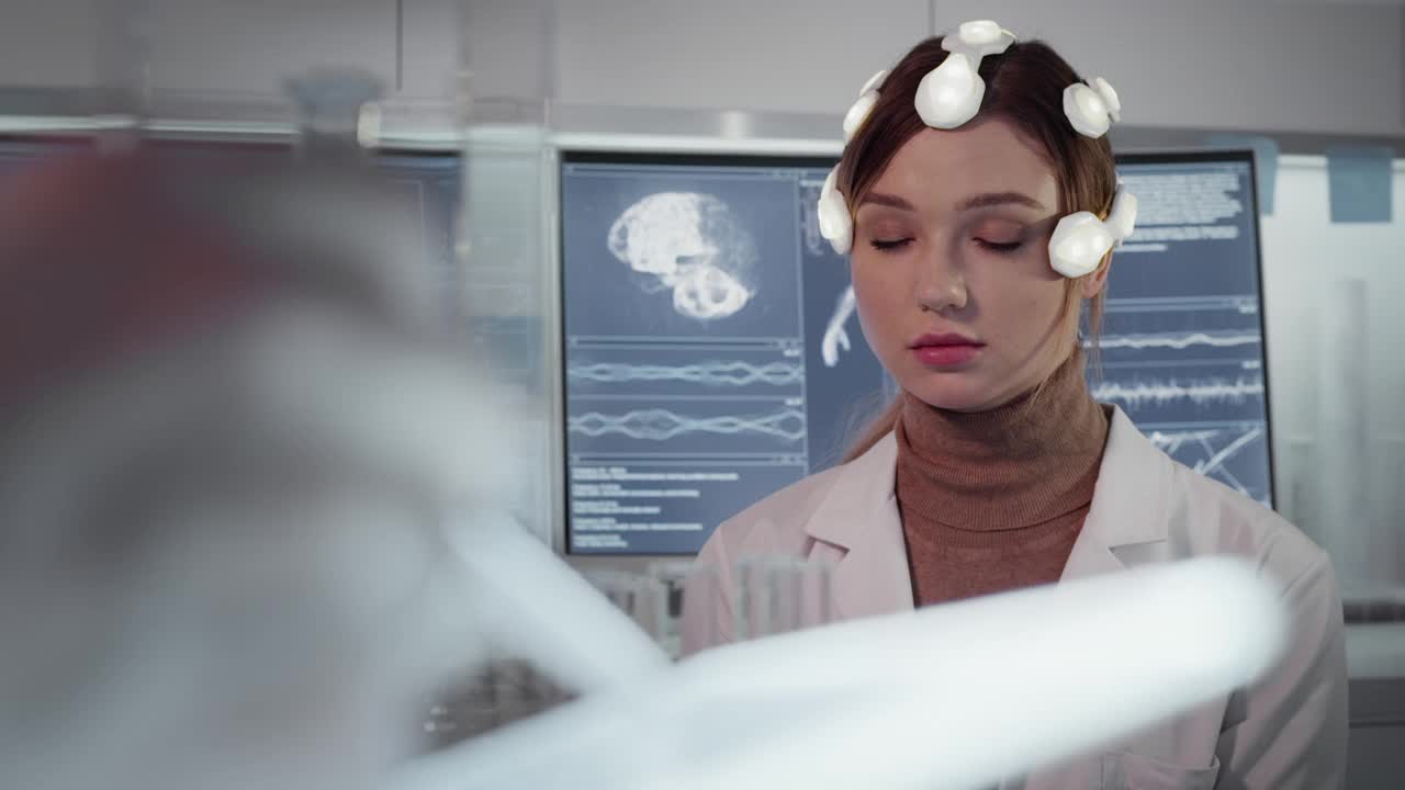 研究脑电波扫描耳机。女人穿的传感器视频素材