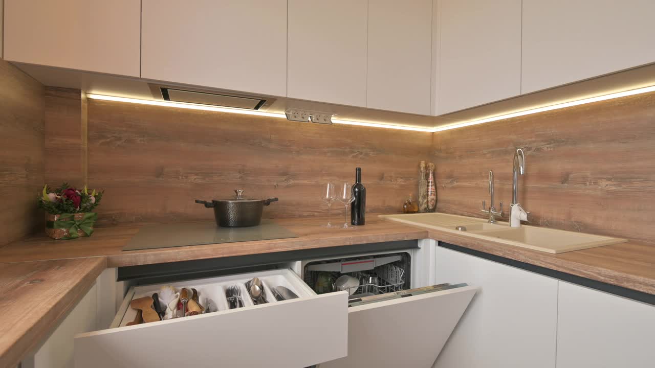 现代白色和木制米黄色厨房内部的特写全景视频素材