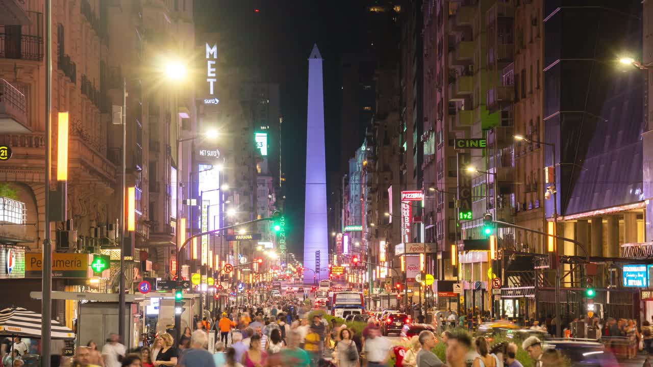 布宜诺斯艾利斯夜晚方尖碑的时间间隔，阿根廷视频素材