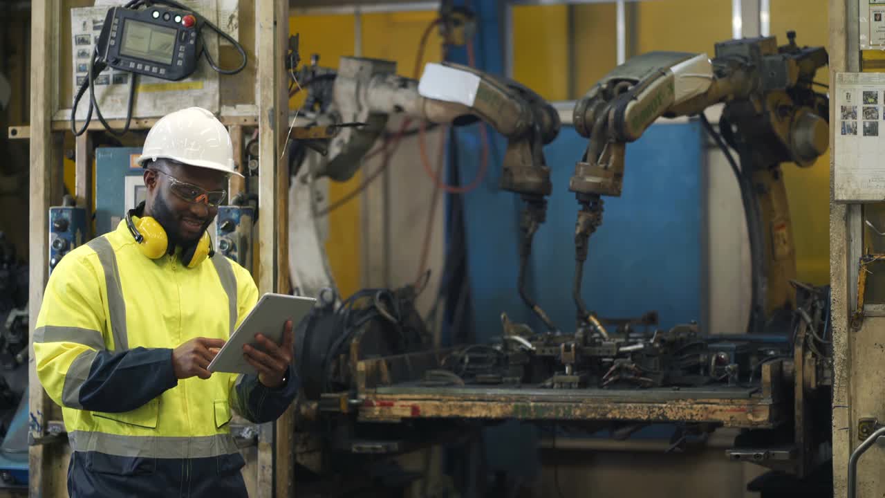 4K黑人非洲工程师使用数字平板电脑编程工业机器人视频素材