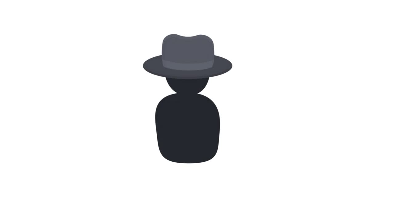 间谍。一个戴着帽子的侦探的剪影动画。卡通视频下载