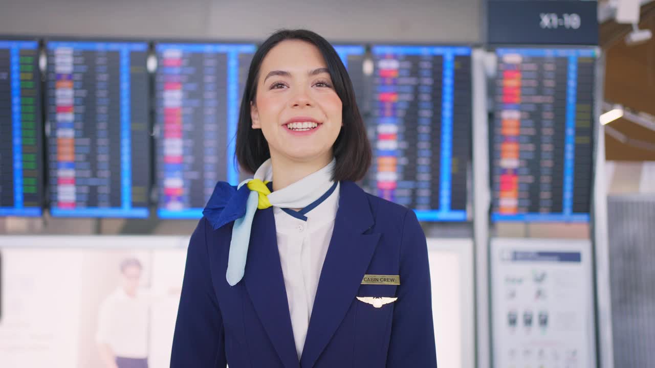 年轻漂亮有魅力的白种旅行空乘人员微笑着，脸上带着自信和幸福的表情走在机场航站楼的飞机上。空乘人员或女服务员的职业概念。视频素材