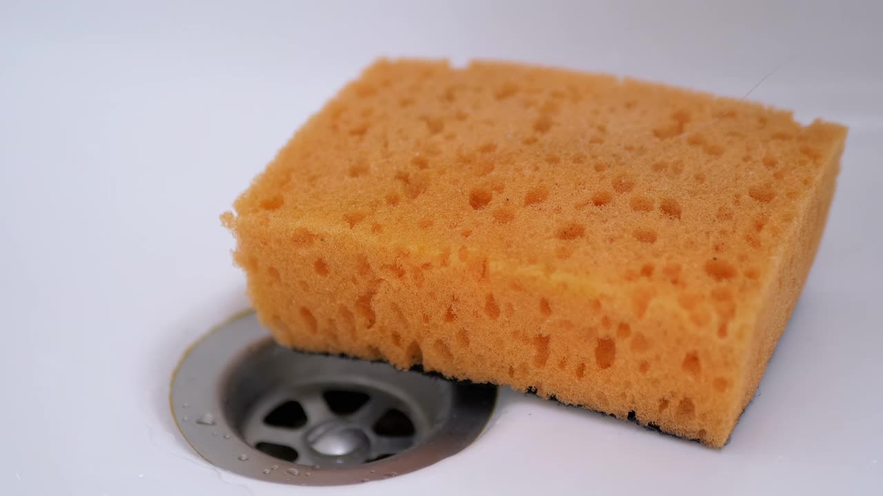 女佣将洗衣粉洒在橙色海绵上清洁水槽。4K。特写镜头视频下载