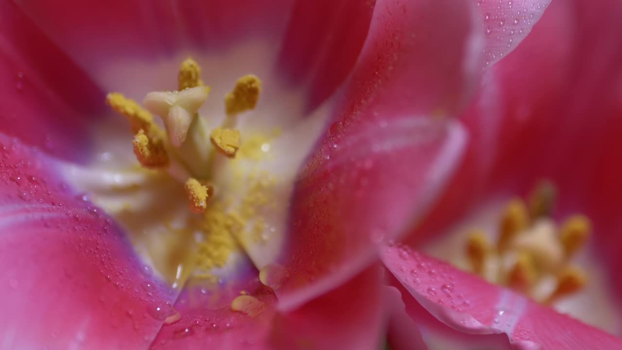 盛开的郁金香花蕾开放，花心有黄色花粉。园艺。变焦。特写镜头视频素材