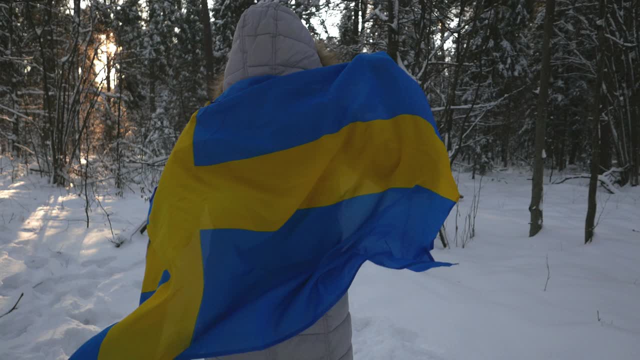 在冬天的气氛中，一个女孩拿着瑞典国旗视频下载