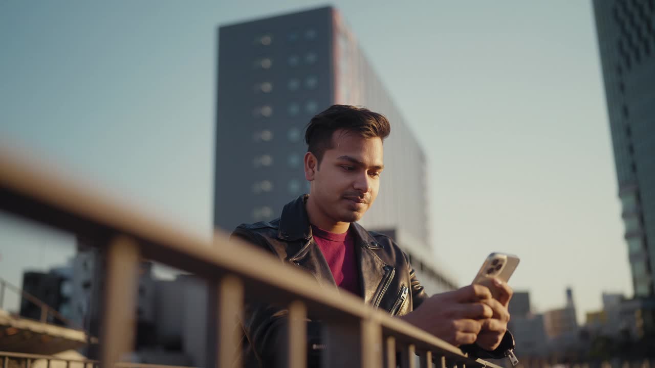 年轻帅气的印度男人在城市里使用智能手机视频素材