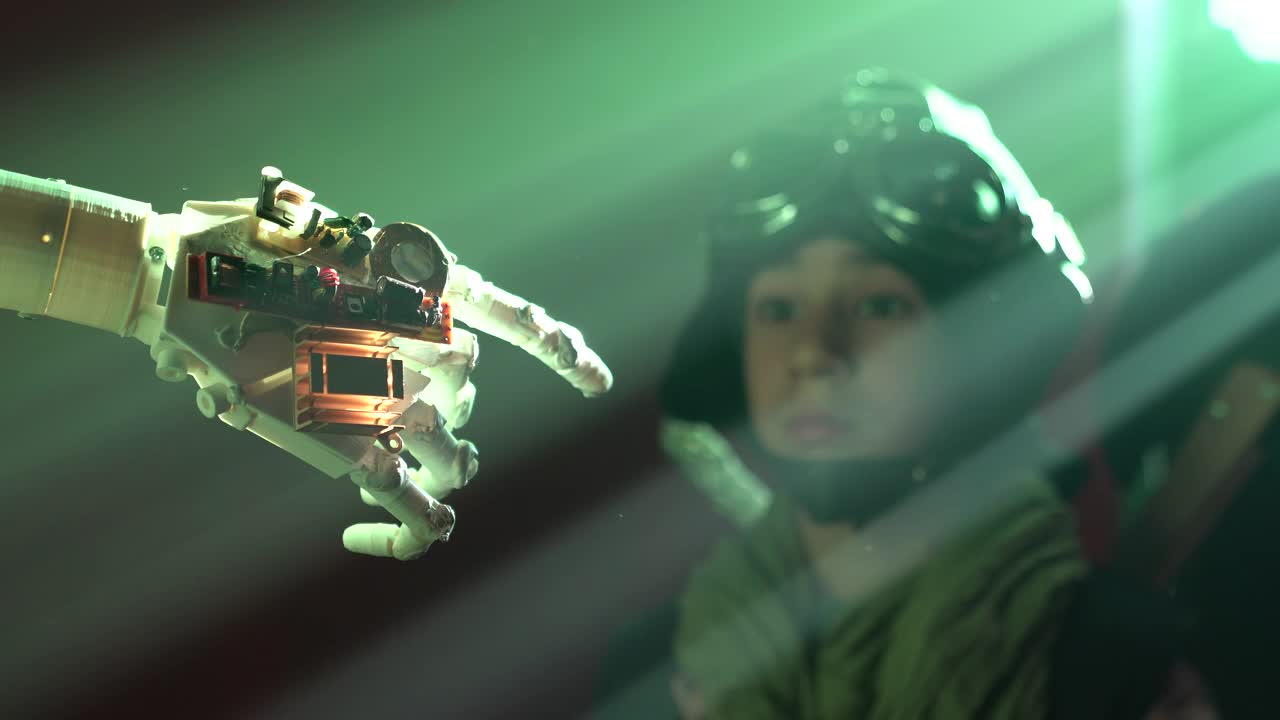 视频男孩作为虚构的电子游戏角色与电子机器人互动视频下载