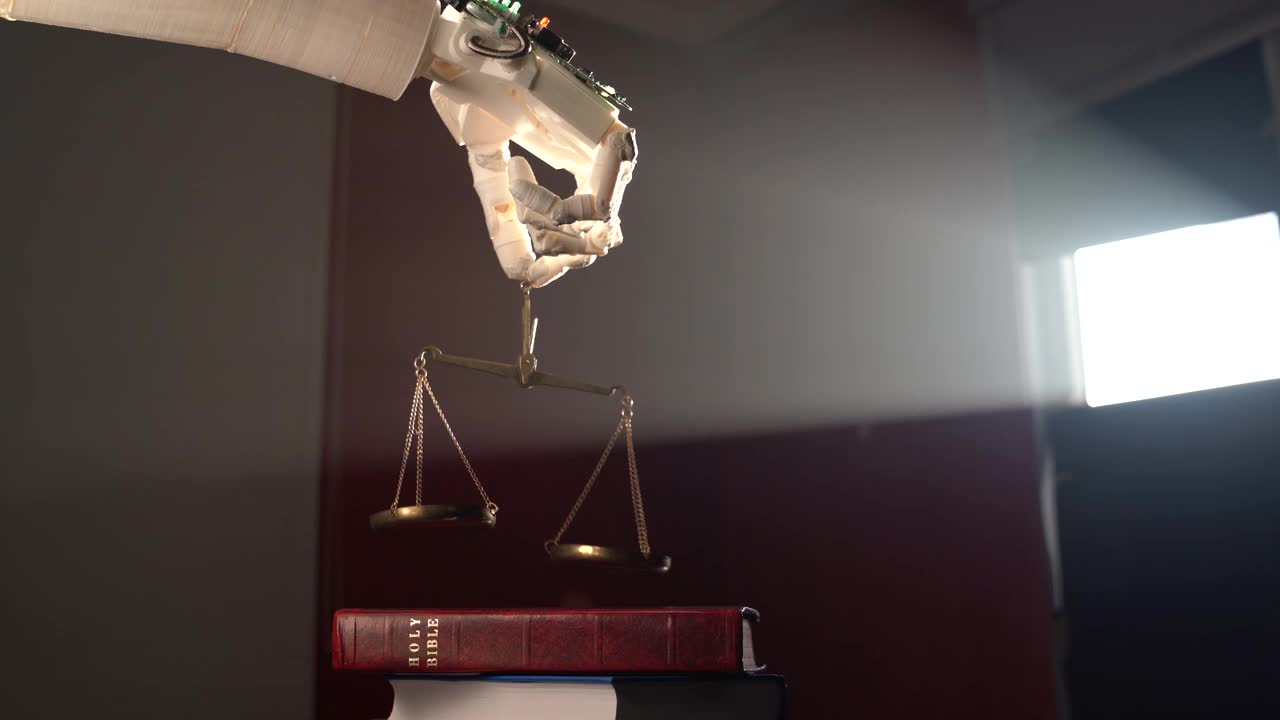 机器人手持圣经上的正义天平的视频视频下载