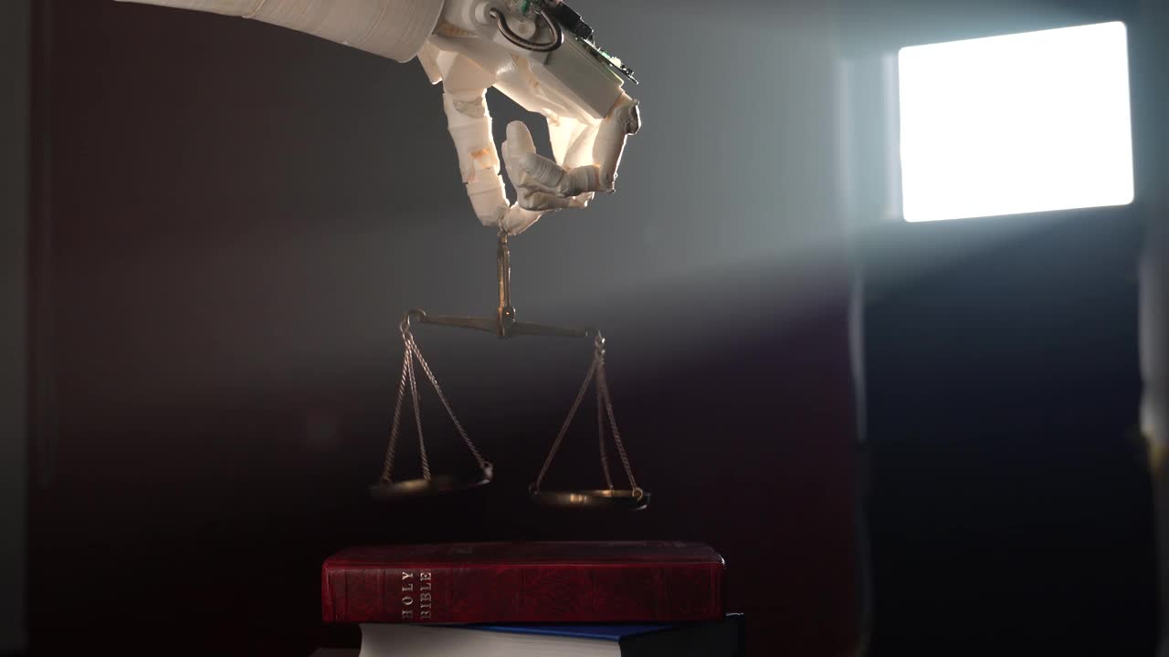 机器人手持圣经上的正义天平的视频视频素材