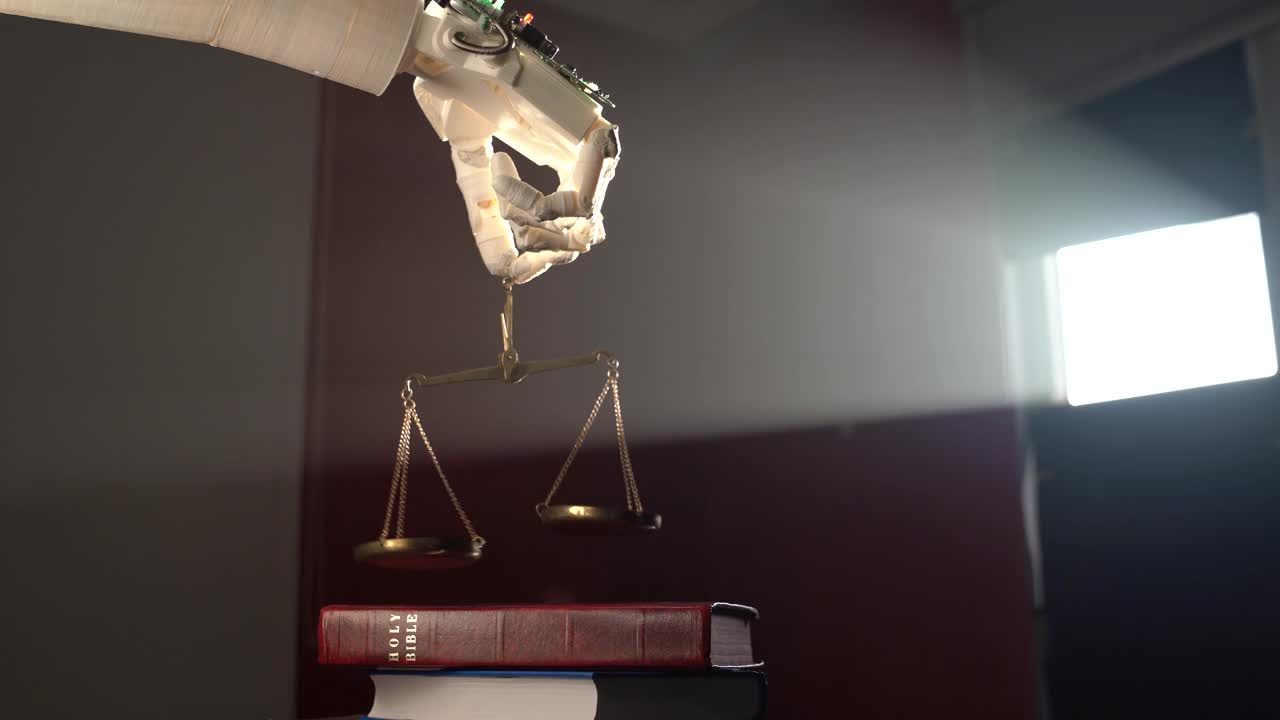 机器人手持圣经上的正义天平的视频视频素材