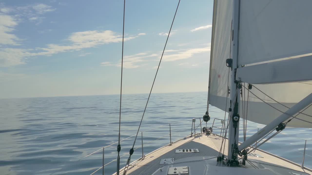 在大西洋平静的海面上，帆船在平静的水面上低头。帆和钻机的视图视频下载