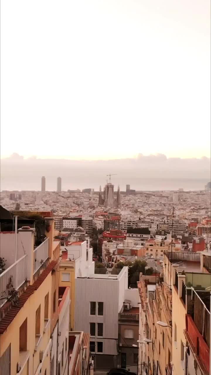 从上面的巴塞罗那城市景观与城市屋顶在日出和圣家族。视频购买