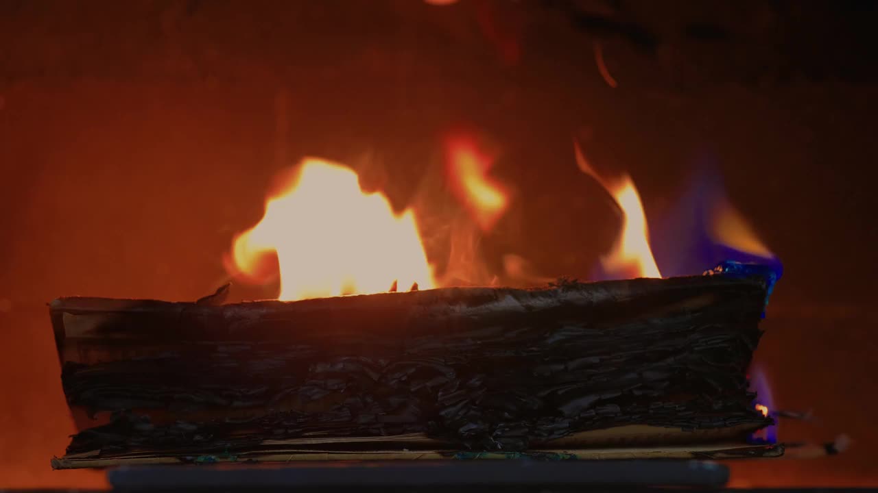 在壁炉里燃烧的书视频素材