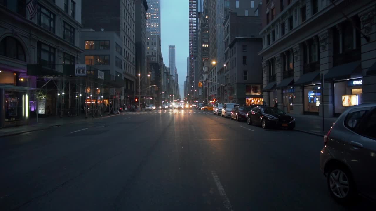 纽约十字路口的汽车交通街景。汽车和出租车在纽约市中心十字路口的慢动作视频素材