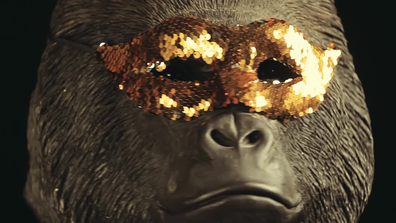 镜头的大猩猩面具黑暗的背景视频素材