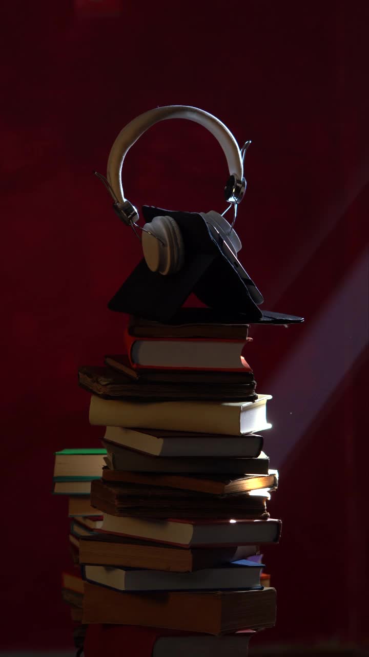 视频耳机麦克风和书籍堆叠视频下载