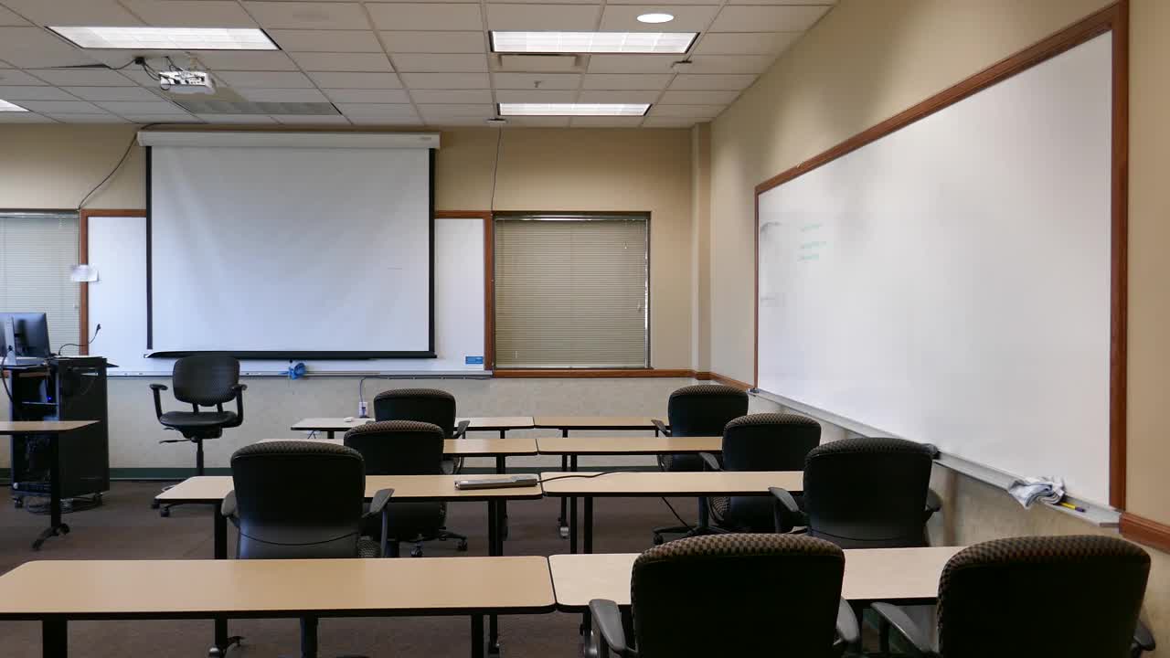 用白板和投影屏幕的空教室的右视图视频素材