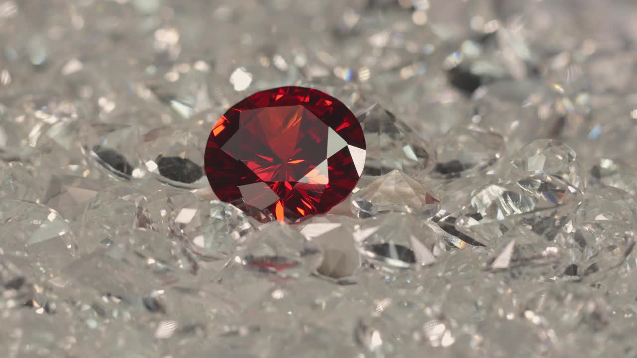 一堆白钻石上镶着一颗红宝石。视频下载