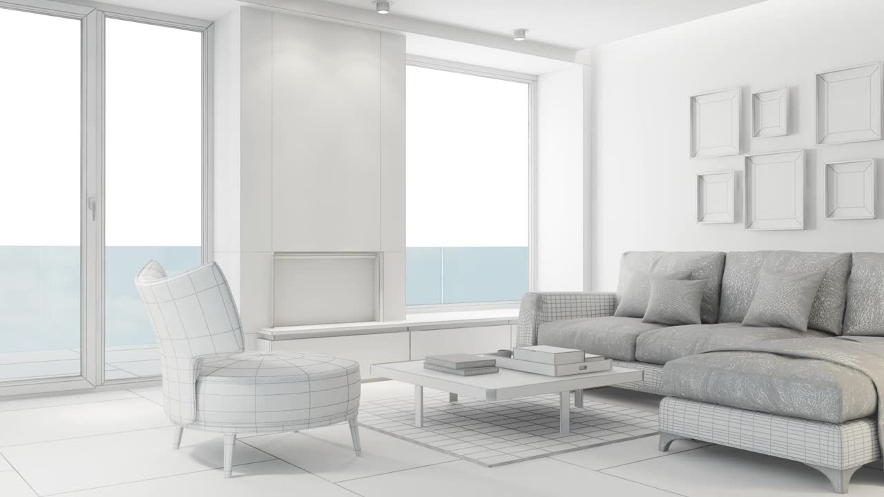 白色斯堪的纳维亚客厅与生态壁炉。空白到纹理的房间概念。视频下载