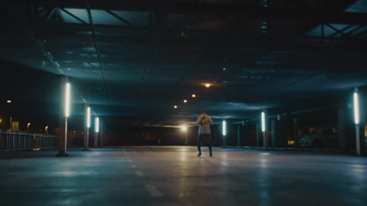 SLO MO Man的影子拳击在一个空的停车场晚上视频下载