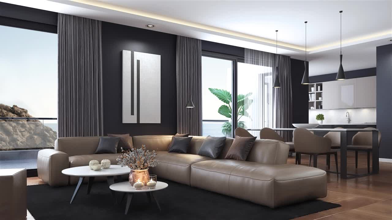 现代极简主义公寓内部。客厅，厨房和餐厅。视频素材