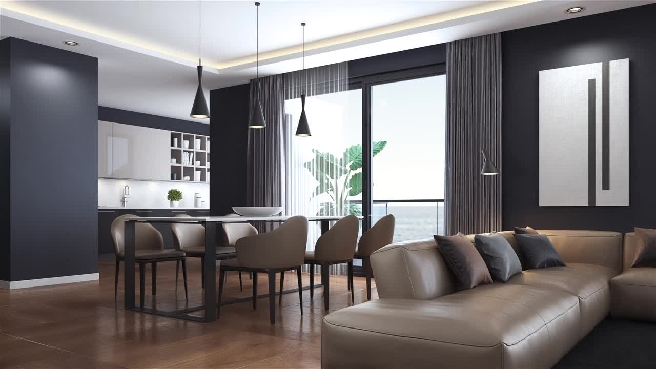 现代极简主义公寓内部。客厅，厨房和餐厅。纹理到空白房间的概念。视频下载