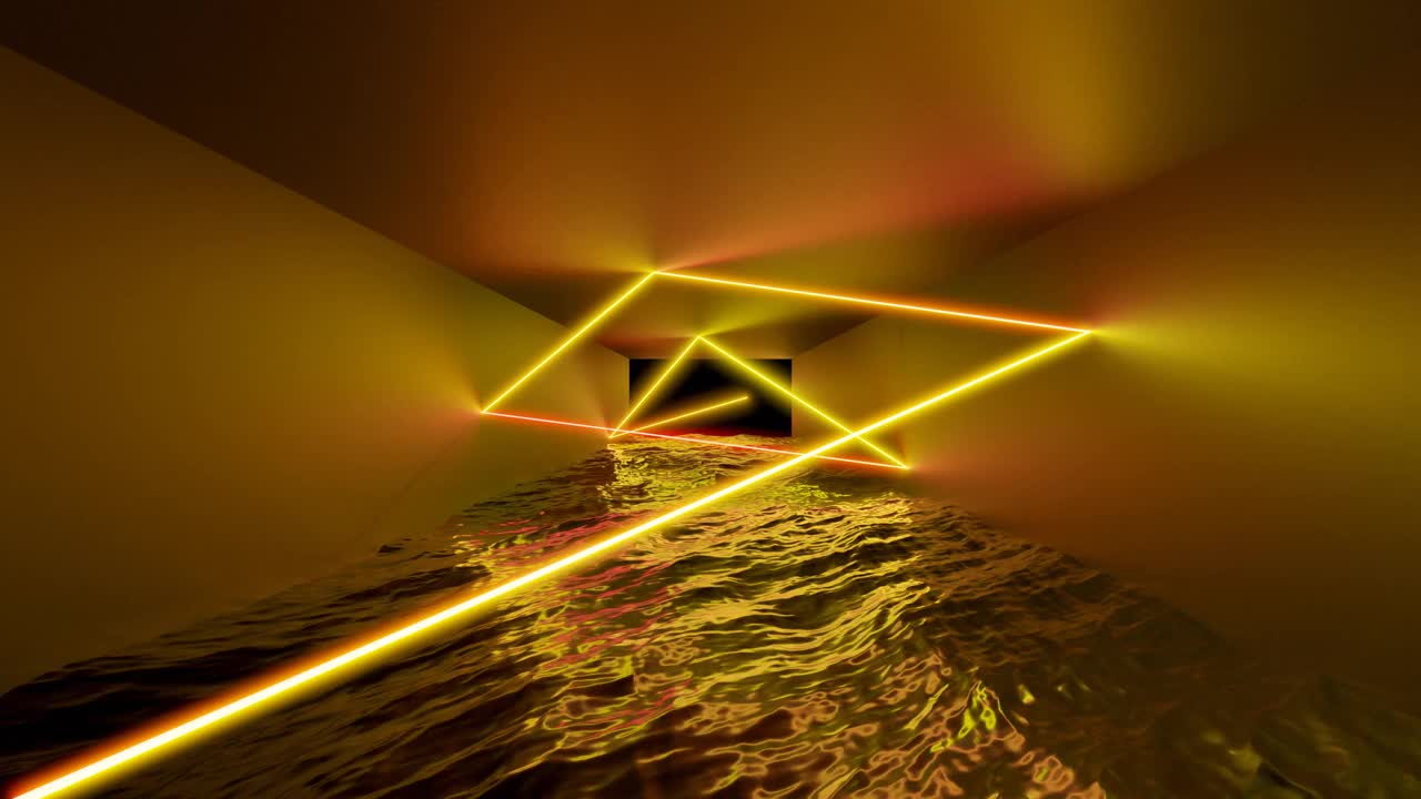 抽象飞行在未来的走廊，无缝循环4k背景，荧光紫外线，彩色激光霓虹线，几何无尽隧道，黄红光谱，3d渲染视频素材