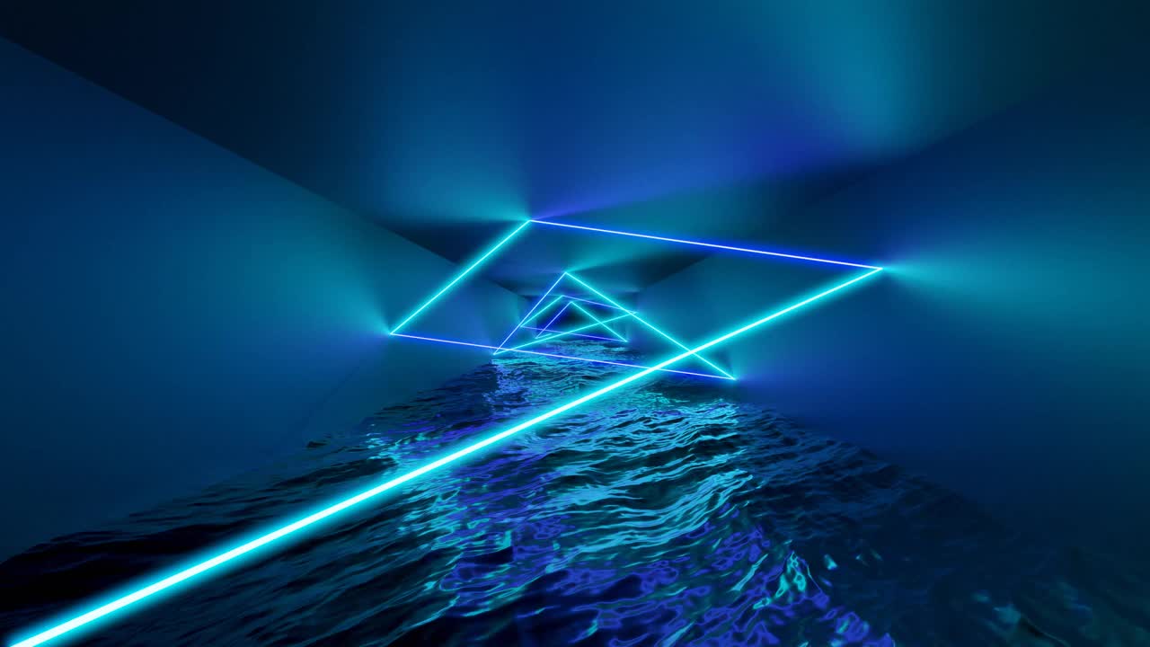 抽象飞行在未来的走廊，无缝循环4k背景，荧光紫外线，彩色激光霓虹线，几何无尽隧道，蓝色光谱，3d渲染视频素材