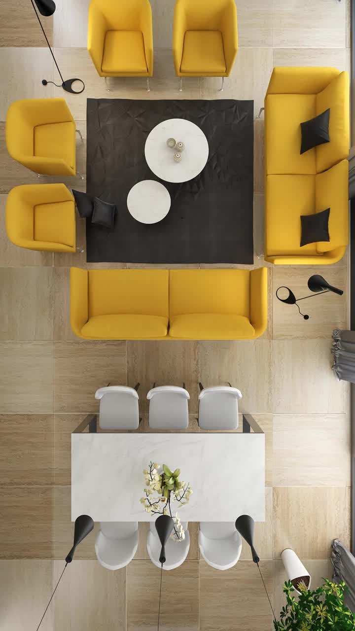 现代极简主义公寓内部。客厅和餐厅。前视图。视频下载