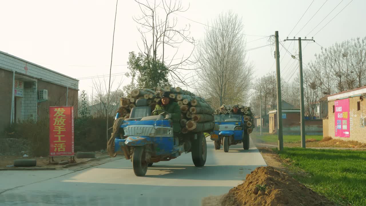 中国河南省商丘市农村地区运输原木的WS卡车视频下载