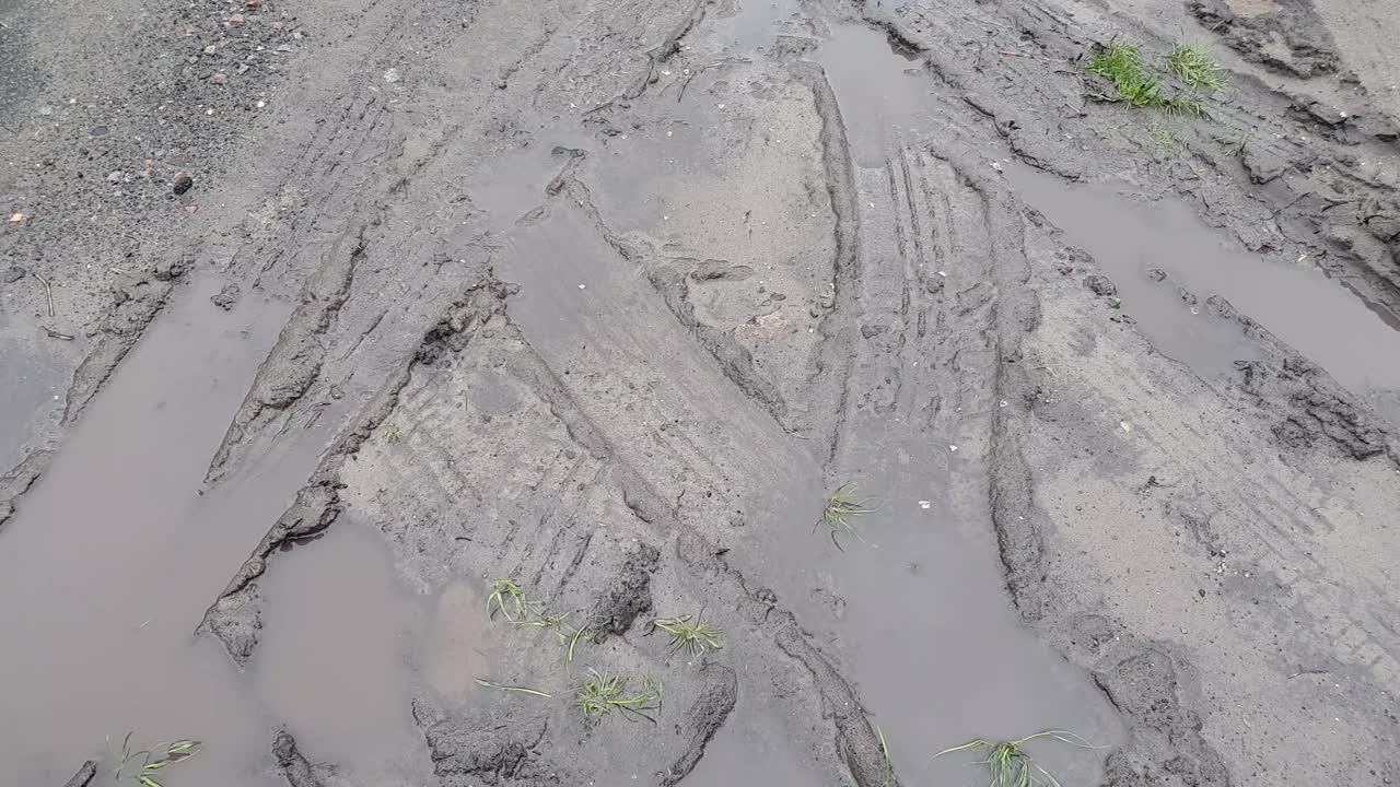 雨后泥上有轮胎印。视频下载
