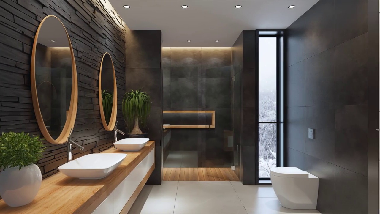 冬季的现代极简主义浴室。下雪的背景。视频下载