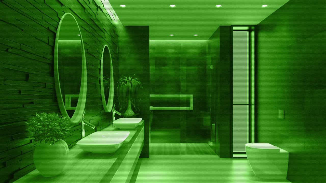 现代极简主义浴室的监控。夜视安防系统概念。视频下载