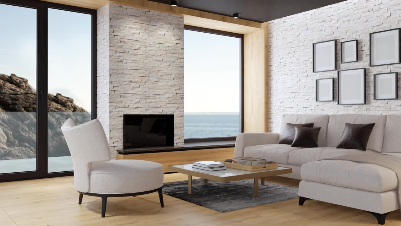 白色斯堪的纳维亚客厅与生态壁炉。现代室内概念。夏天的海边的概念。视频下载