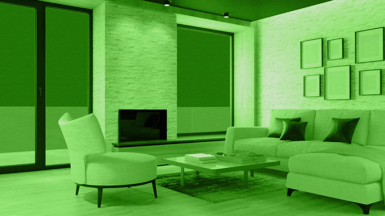 白色斯堪的纳维亚客厅的监视与生态壁炉。现代的室内。智能家居安防系统概念。视频下载