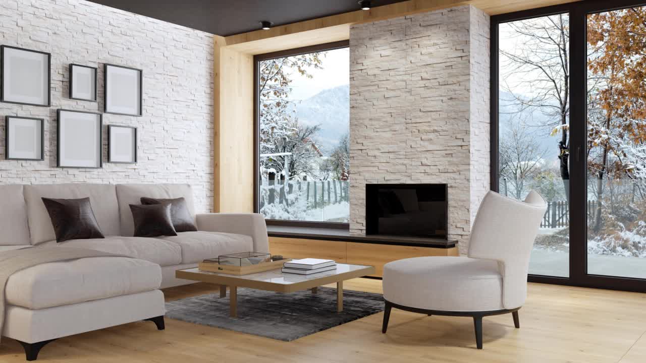 白色斯堪的纳维亚客厅与生态壁炉。现代室内概念。冬天农村背景。视频下载