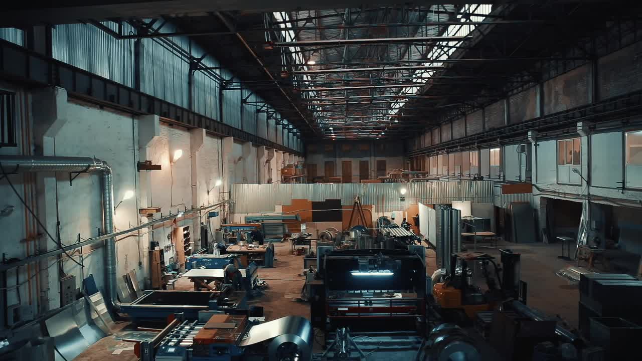 内部制造金属加工工厂仓库与现代设备工具和机器。从上面的观点视频素材