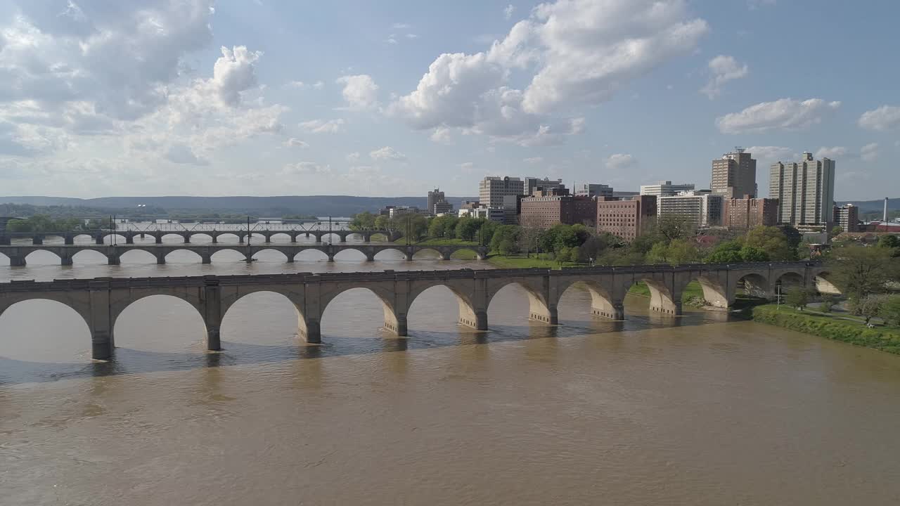 历史悠久的胡桃街铁路桥，市场街桥，以及其他横跨萨斯奎哈纳河的桥梁，在宾夕法尼亚州哈里斯堡市中心的远处可以看到。无人机制作的航空视频与电影复杂的平移和宽轨道摄像机运动。视频下载