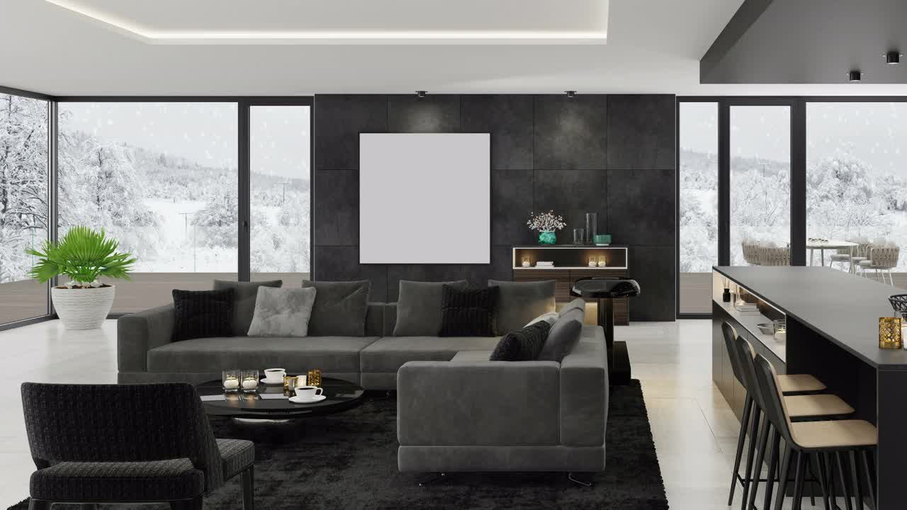 4k现代极简公寓内部。客厅，厨房和餐厅。冬天的场景。视频下载
