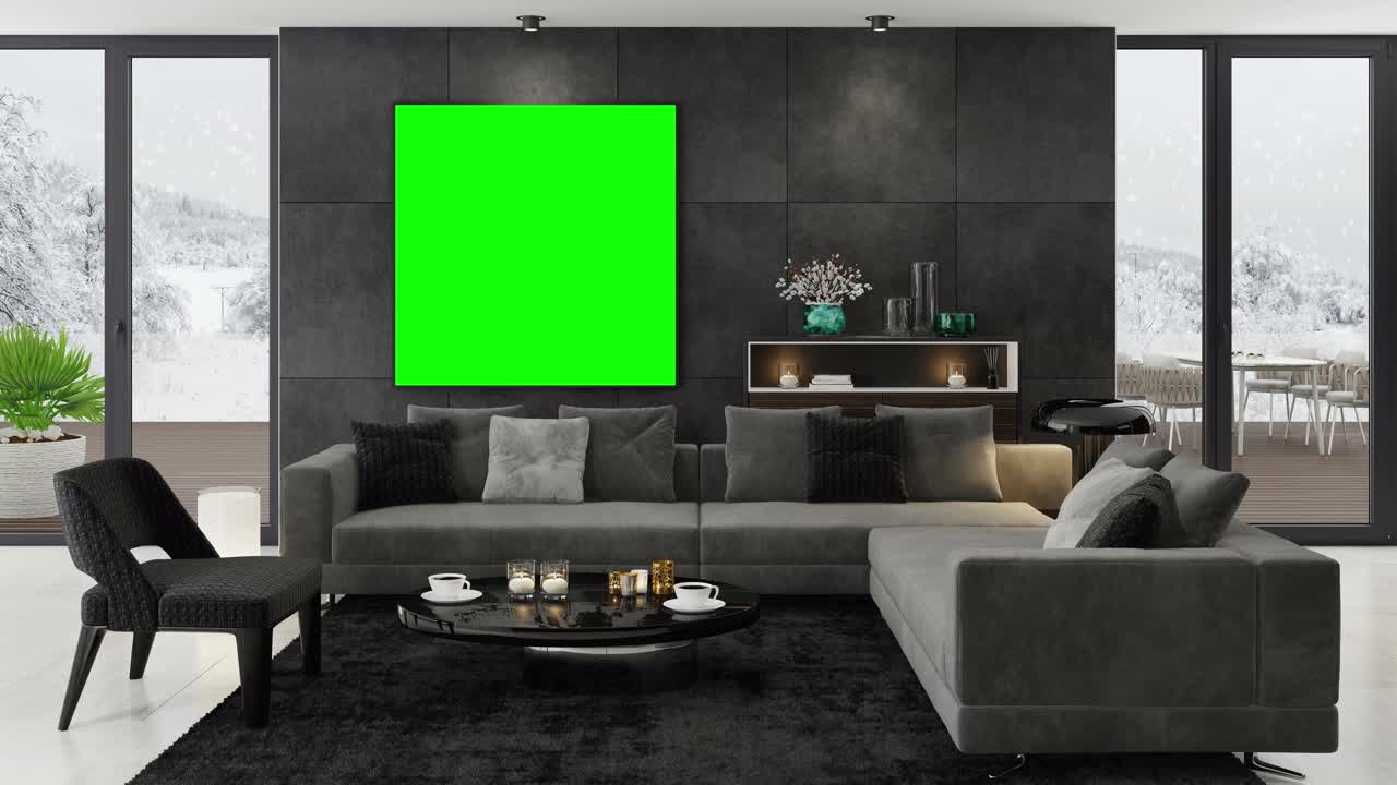 4k色彩键为绿色的相框。现代极简主义公寓内部。客厅。冬天的场景。视频下载