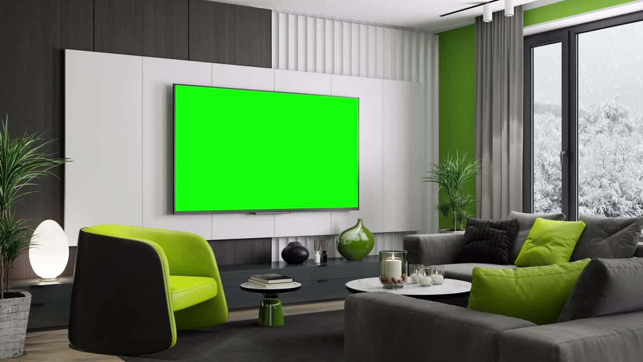 4k电视屏幕与色度键绿色。现代极简主义公寓内部。客厅。冬天的场景。视频下载