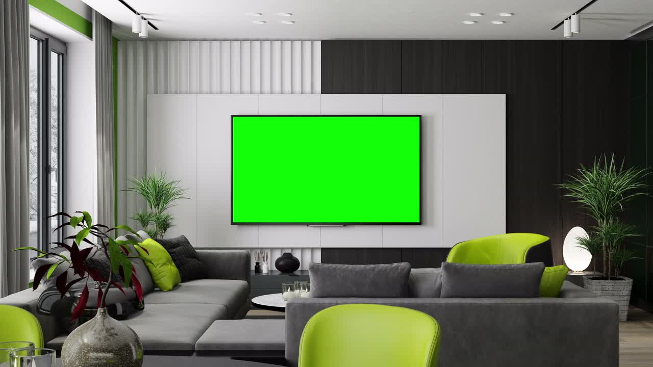 4k电视屏幕与色度键绿色。现代极简主义公寓内部。客厅，厨房和餐厅。冬天的场景。视频下载