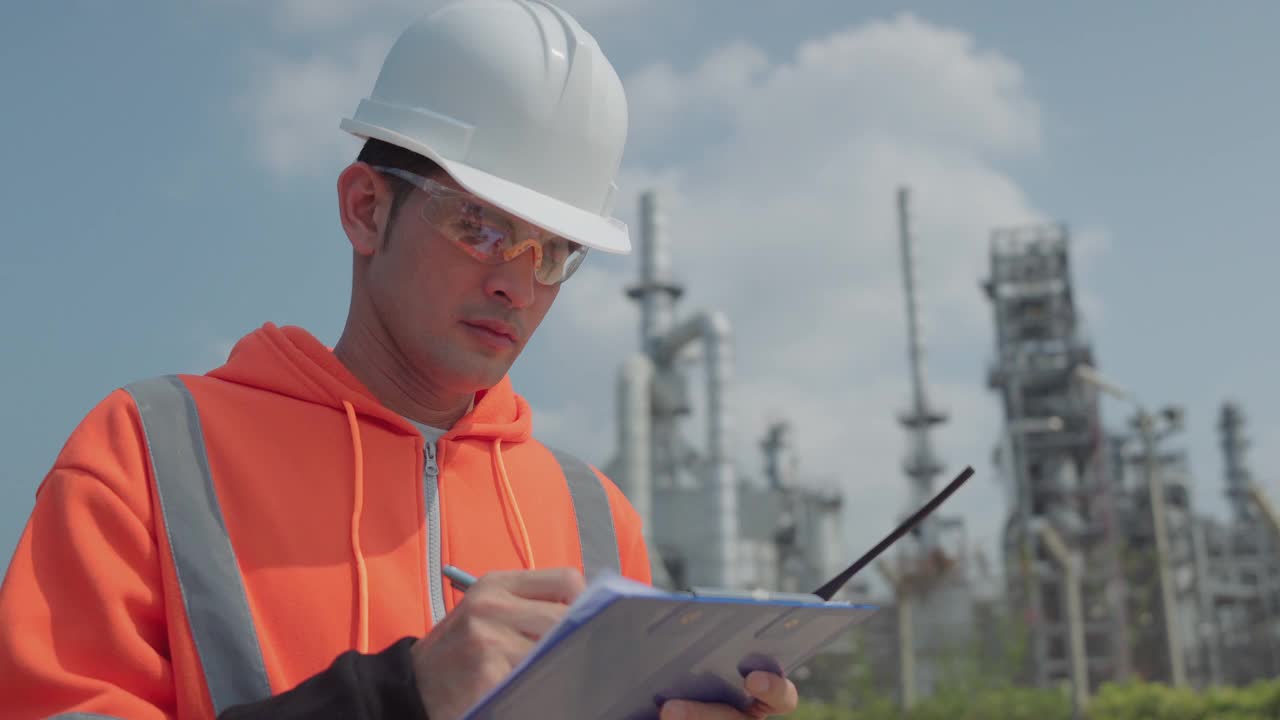 工程师们在工业、石油或天然气工厂的户外工作。视频素材