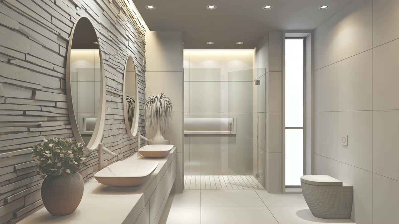 4k现代极简主义浴室。从空白到全色的纹理效果概念。视频下载