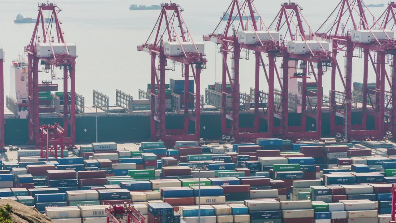 4K时间推移:鸟瞰图最大的工业港口与集装箱船视频下载