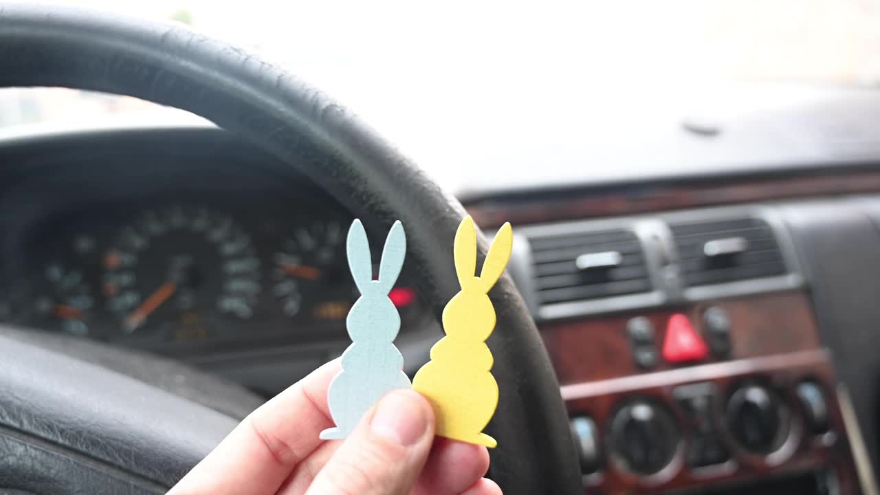 一名男子在方向盘前的一辆车里抱着两只复活节兔子。在冠状病毒时期的圣周视频下载