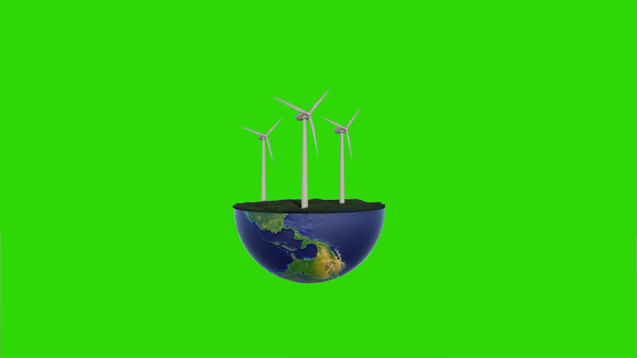 陆地风车在地球半球与草，无缝环，绿色屏幕Chromakey视频下载